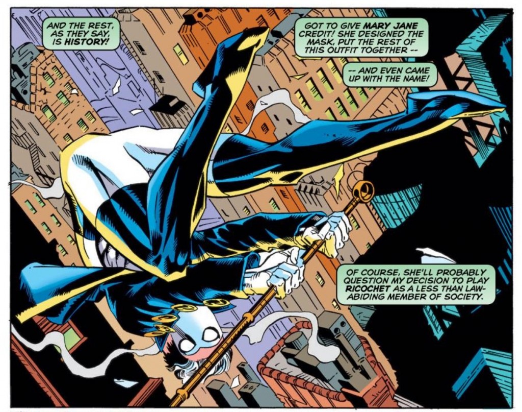 Peter becomes Ricochet during the "Identity Crisis" arc (Joe Bennett, pencils; Bud LaRosa, inks)